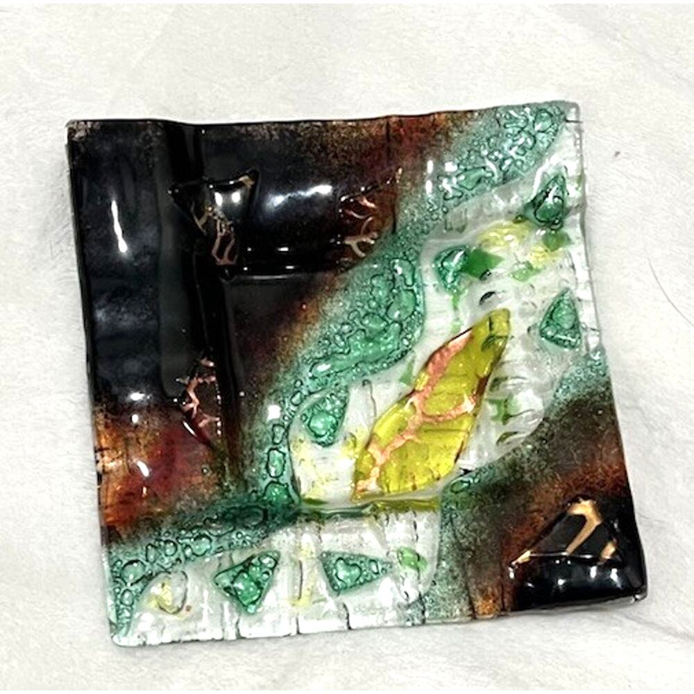 Vtg Stained Art Glass Copper Abstract Multi Color Trinket MCM ash Tray 5” Wavy